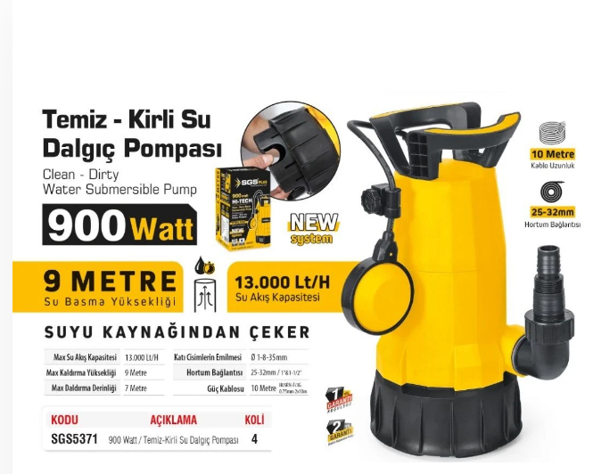 SGS5371 TEMİZ SU PİS SU DALGIÇ POMPASI 900 WATT 